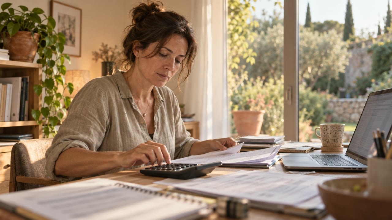 Comptable indépendante calculant à son bureau à domicile
