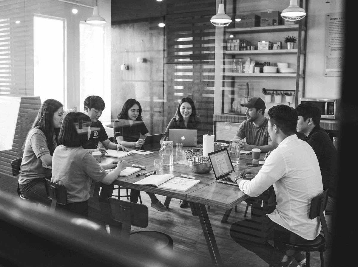 Interior of a cafe or workspace with several people at tables