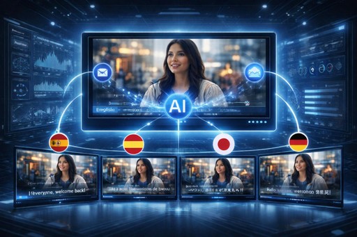 Manajer pemasaran meninjau alur kerja terjemahan video multibahasa di beberapa layar menggunakan penerjemah video AI dan teknologi pengalih suara otomatis