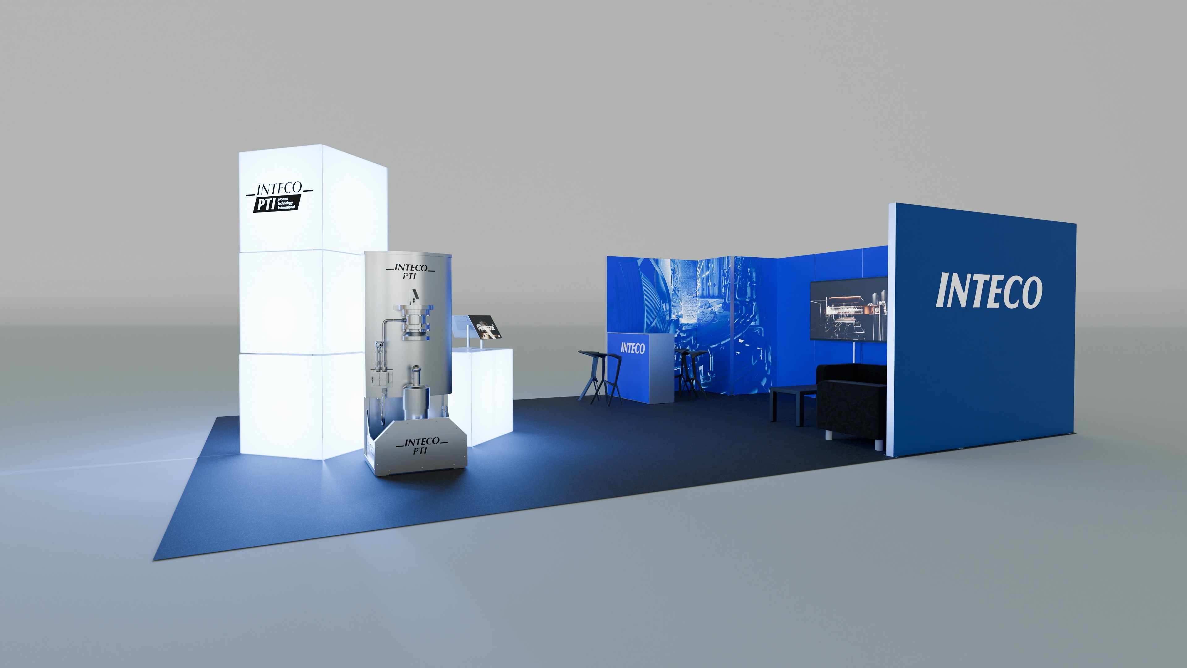 3D visualization of Inteco trade fair stand with modular blue and white exhibition elements
