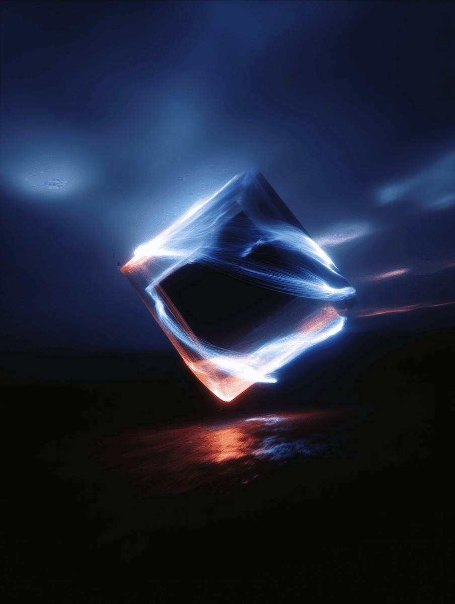 A glowing, abstract geometric shape with blue and orange light trails hovers against a dark, cloudy night sky, reflecting on a calm water surface below.