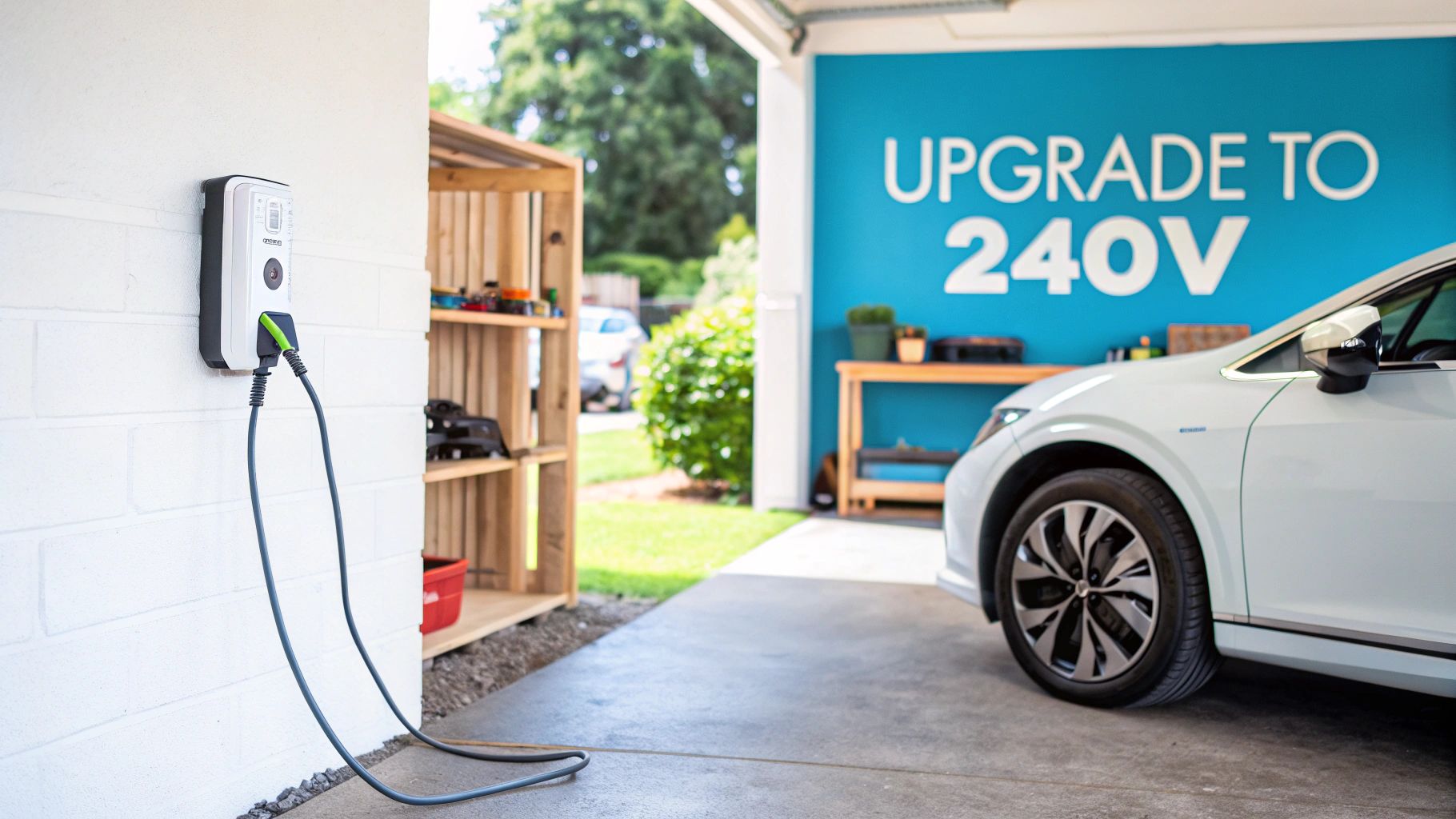 a electric car charger on a white brick wall with a white car in the midground and a blue garage wall displaying 'upgrade to 240v' in the background