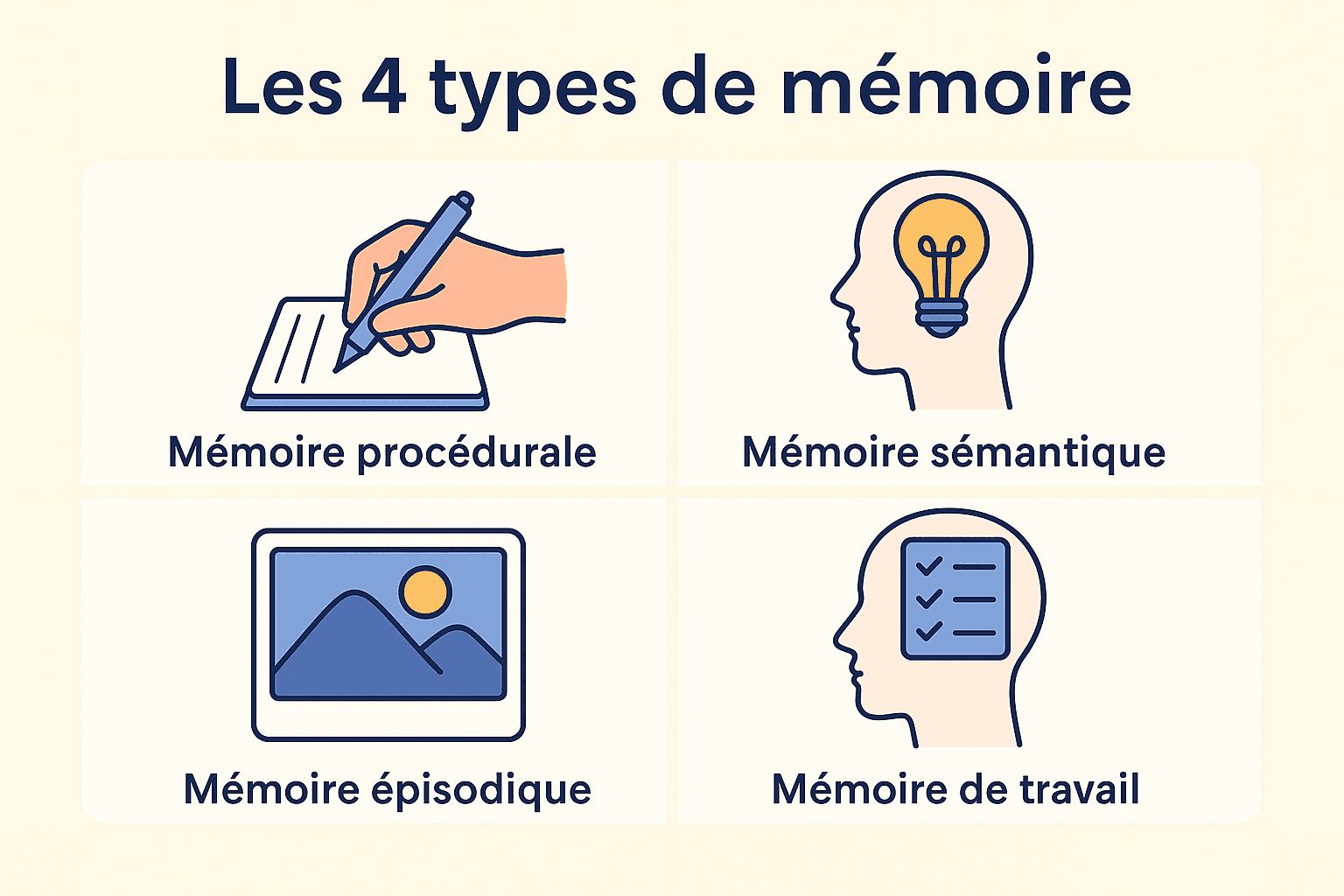 Les 4 types de mémoire (procédurale, sémantique, épisodique, travail)