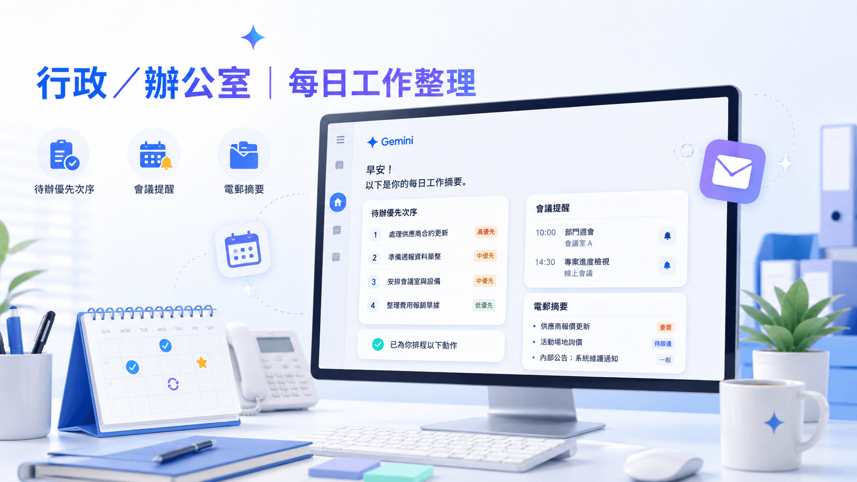 行政人員使用 Gemini 排程動作整理每日工作
