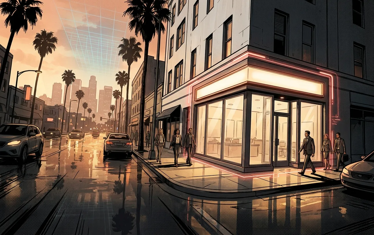 Street scene with people walking past a digital marketing agency, RockN' Socials.