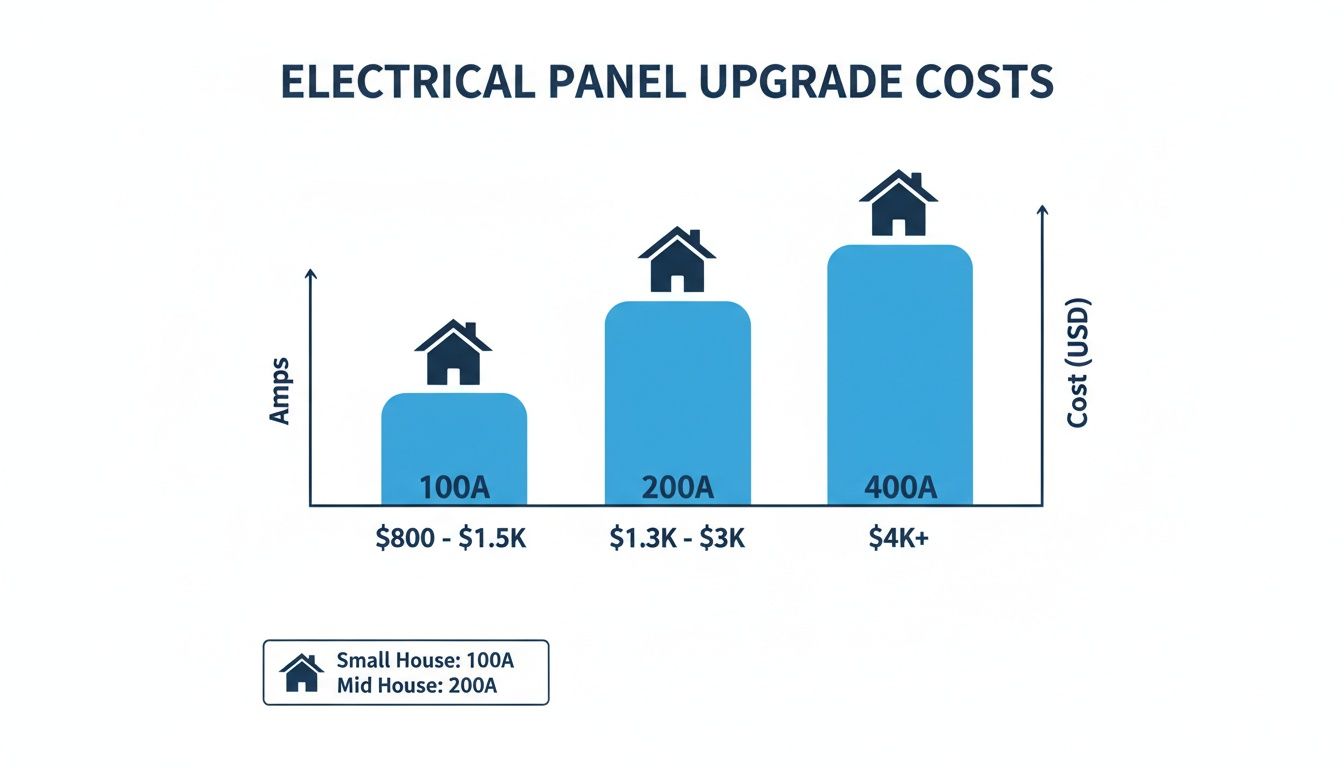 Bar chart illustrating electrical panel upgrade costs for different amperage capacities by house size.