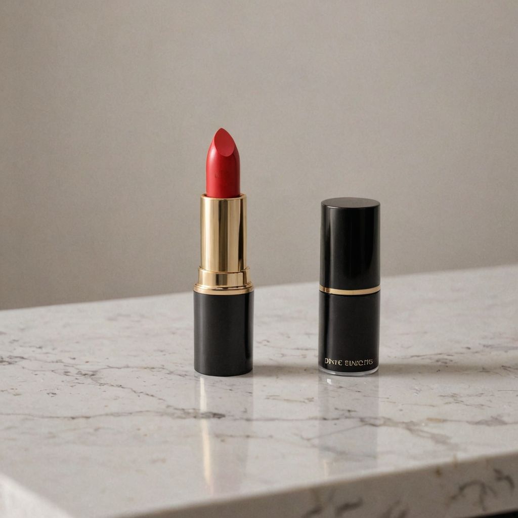 The same red lipstick styled on a marble studio background, made with Caspa AI