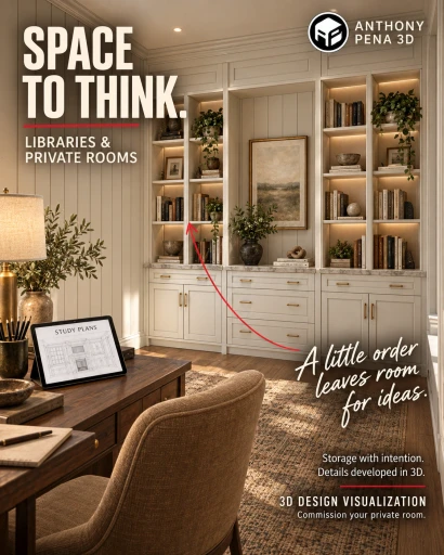 Concept cover of a furnished study with light-colored shelves, a central art recess and lower storage.
