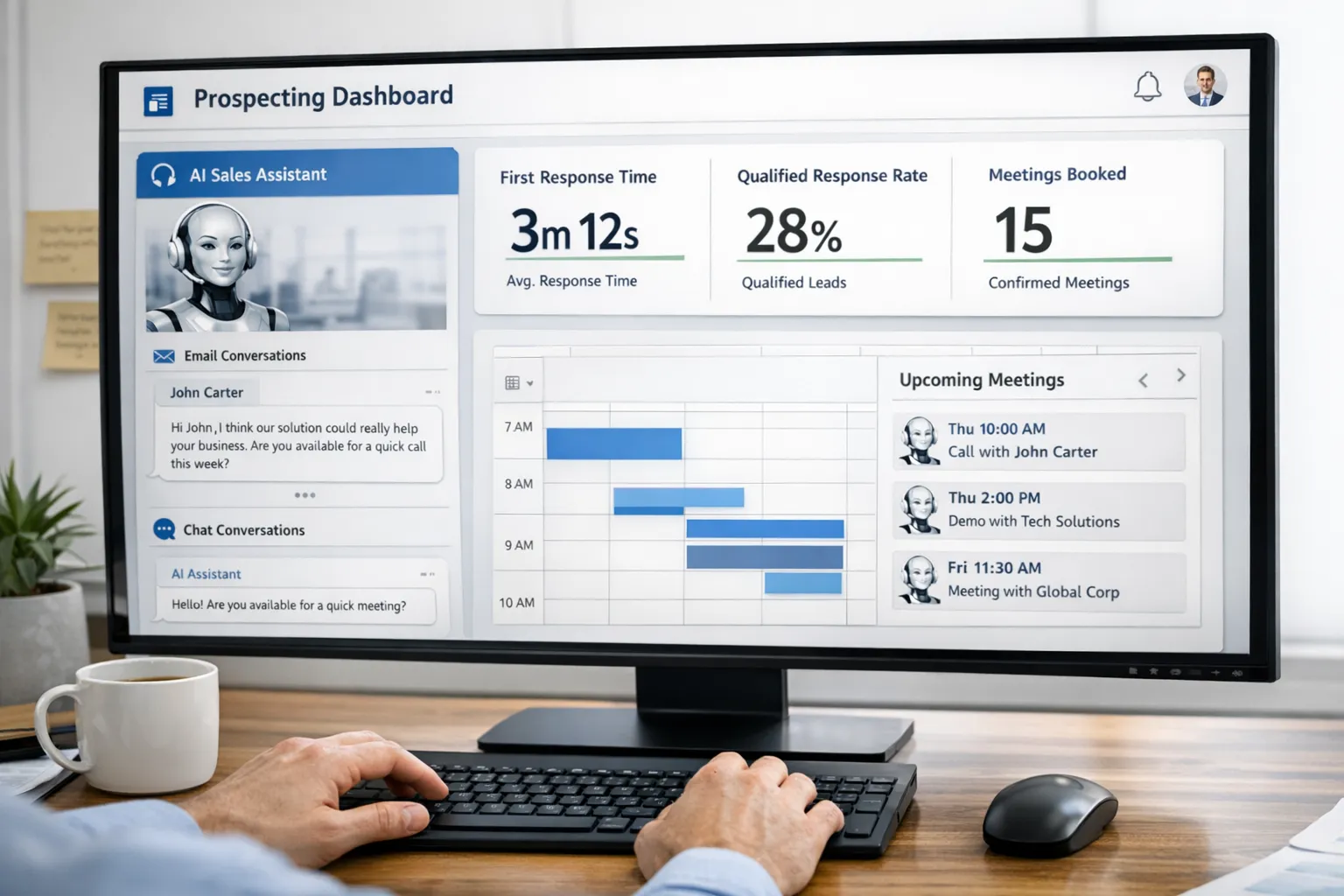 Un tableau de bord de prospection montre un agent IA qui échange par email et chat avec des prospects B2B, puis réserve automatiquement des créneaux de rendez‑vous sur des agendas connectés. On voit des indicateurs en temps réel comme le délai de première réponse, le taux de réponse qualifiée et le nombre de rendez‑vous confirmés.