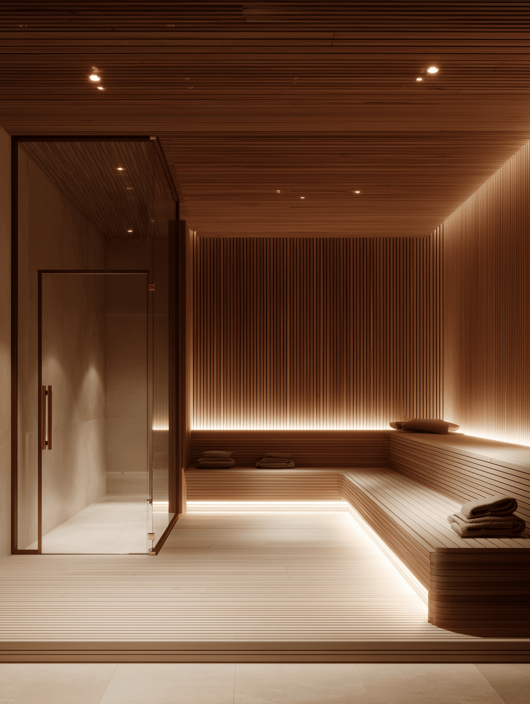 Architect-designed sauna interior clad entirely in warm cedar slats, with tiered bench seating, recessed floor lighting, and a glass door entry