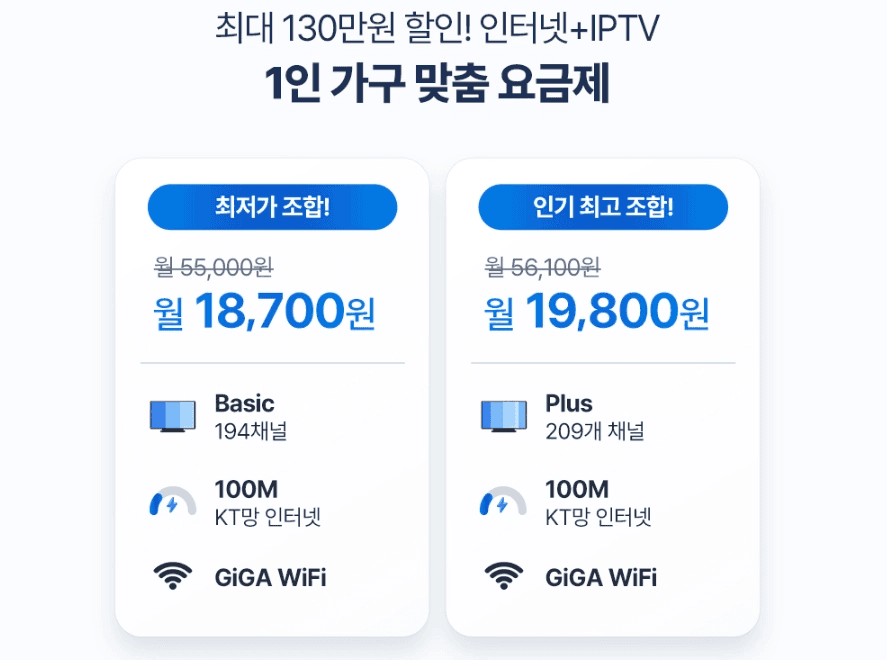 스카이라이프 '1인 가구 맞춤 요금제' 비교표입니다. 최저가 조합(Basic TV + 100M 인터넷) 월 18,700원 상품과 인기 최고 조합(Plus TV + 100M 인터넷) 월 19,800원 상품의 스펙이 명시되어 있습니다.