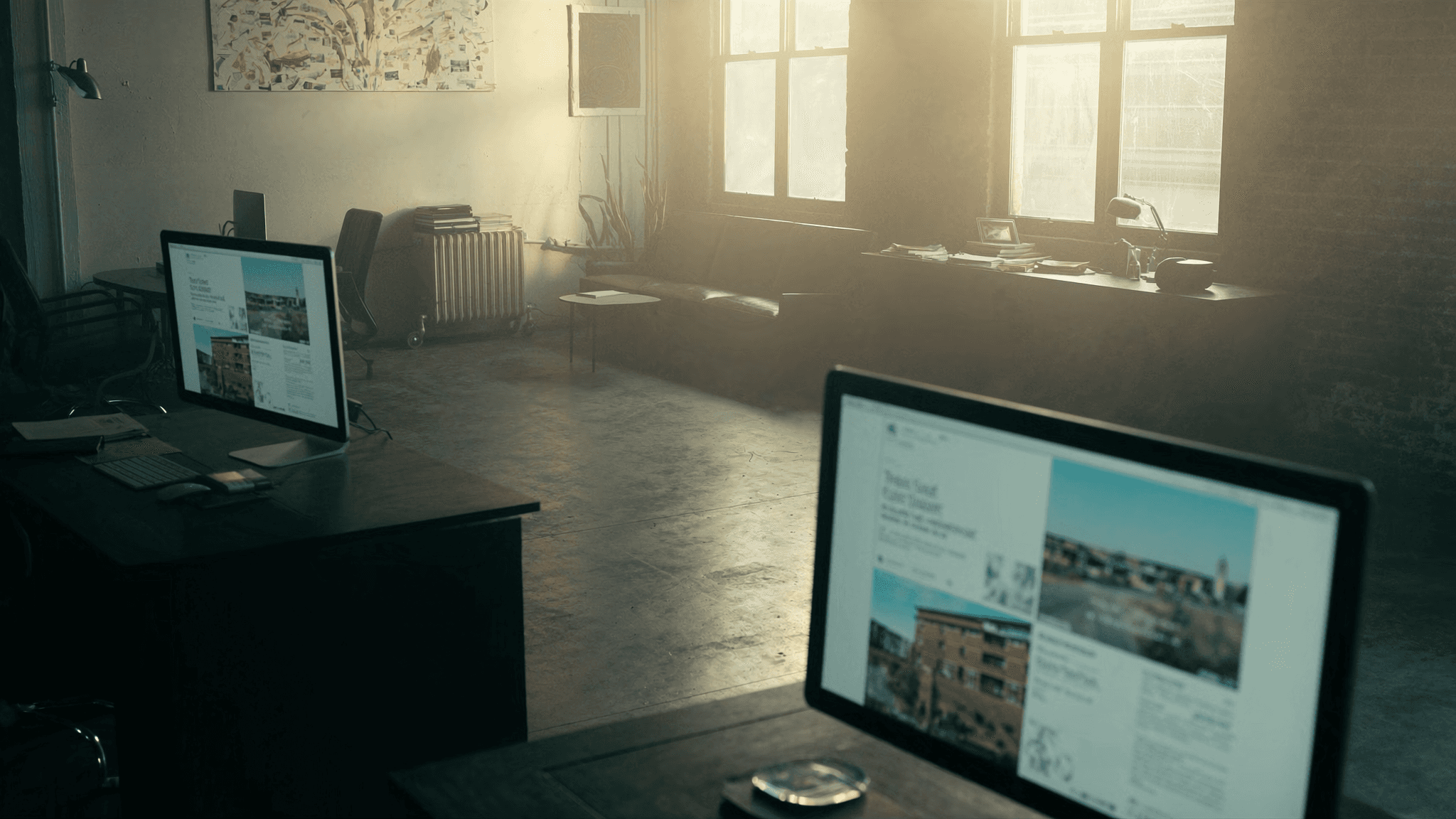 Inside a Chicago creative advertising agency loft in the West Loop with mood boards on monitors