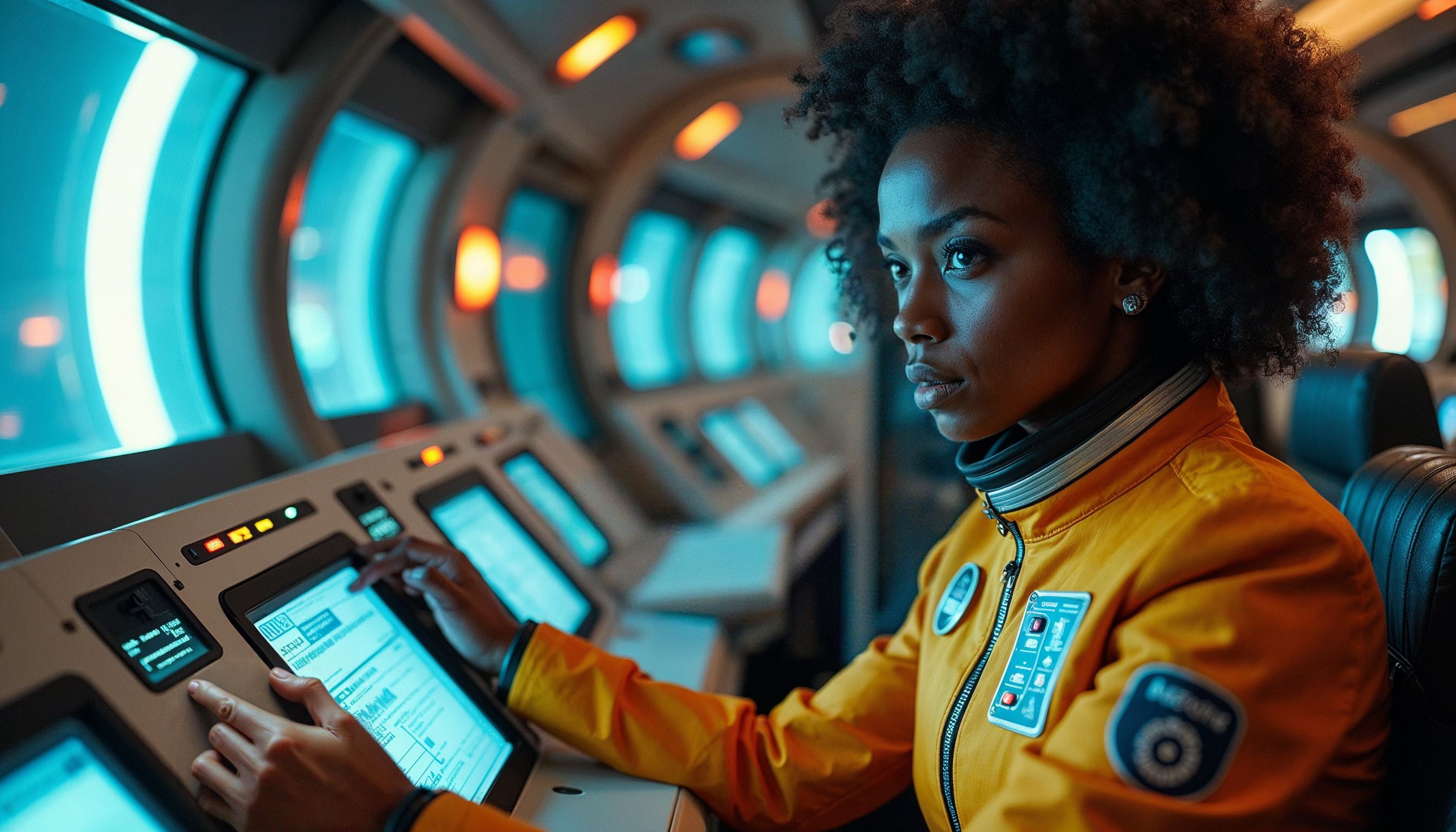 A young woman in a yellow astronaut-like suit operates control panels inside a futuristic spaceship. The scene is illuminated by blue and orange lights, and computer panels.