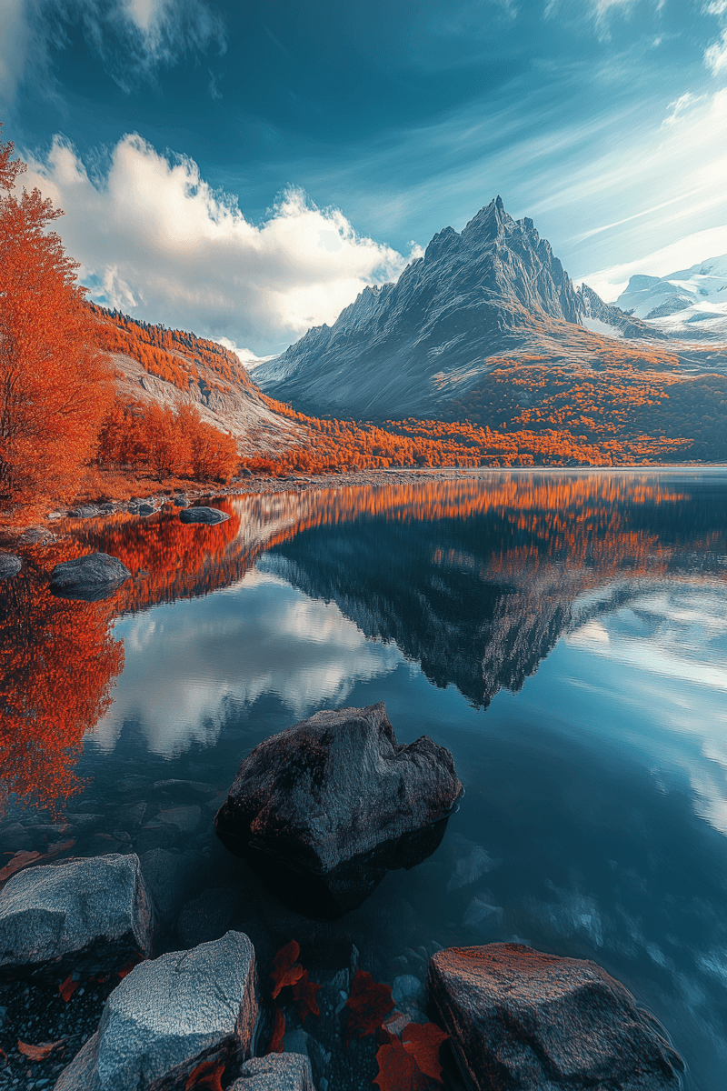 Scenic mountain lake with vibrant autumn foliage, rocky foreground, and reflections of peaks on calm water.