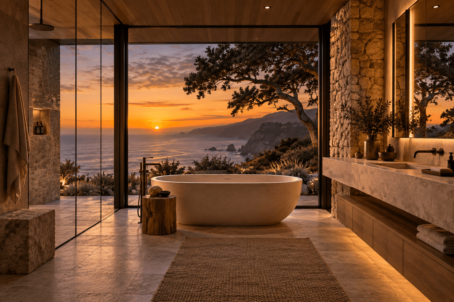The primary bathroom at Encinal Bluff, facing the ocean