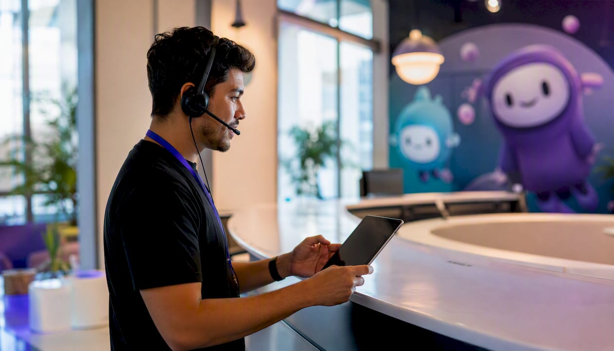 Call center agent preparing to use AI assistant