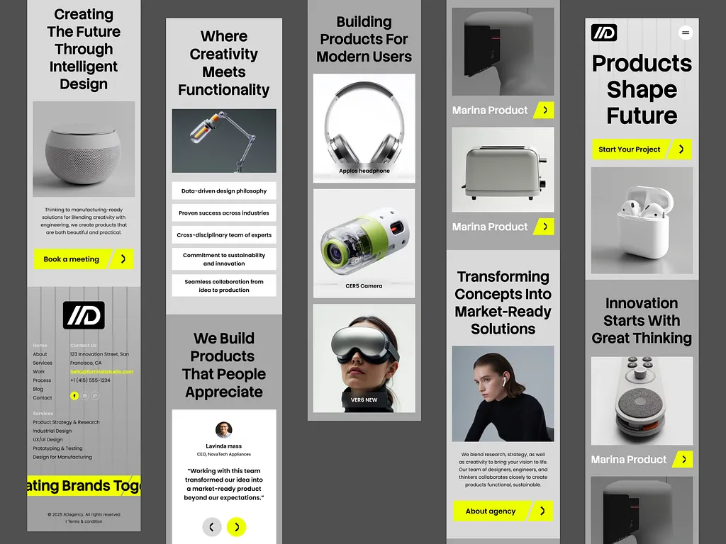 Modern product design agency website layout showcasing multiple vertical sections with product visuals, innovation messaging, user-focused design principles, and calls to action.