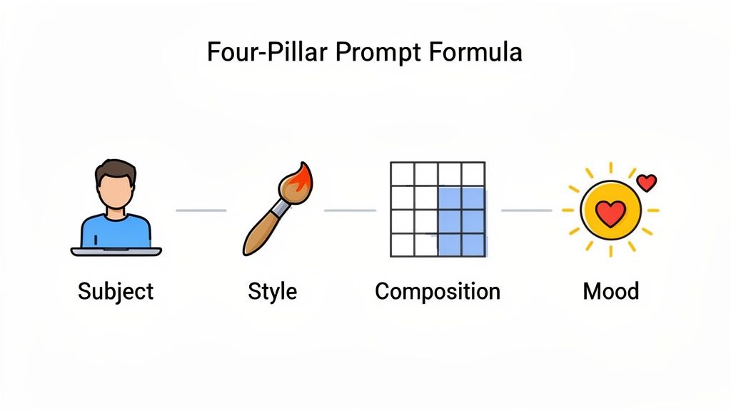 A diagram illustrating the 'Four-Pillar Prompt Formula' for AI image generation: Subject, Style, Composition, and Mood.