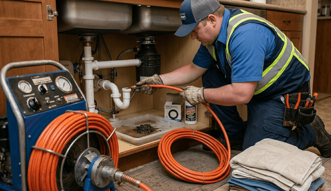 Technician using drain snake to clear clogged pipe under sink