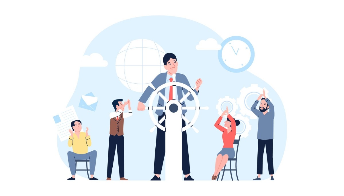 Illustration of a central figure steering a large ship’s wheel while a surrounding team collaborates and supports them, symbolizing the leadership, guidance, and cross‑functional influence that define the staff engineer role.