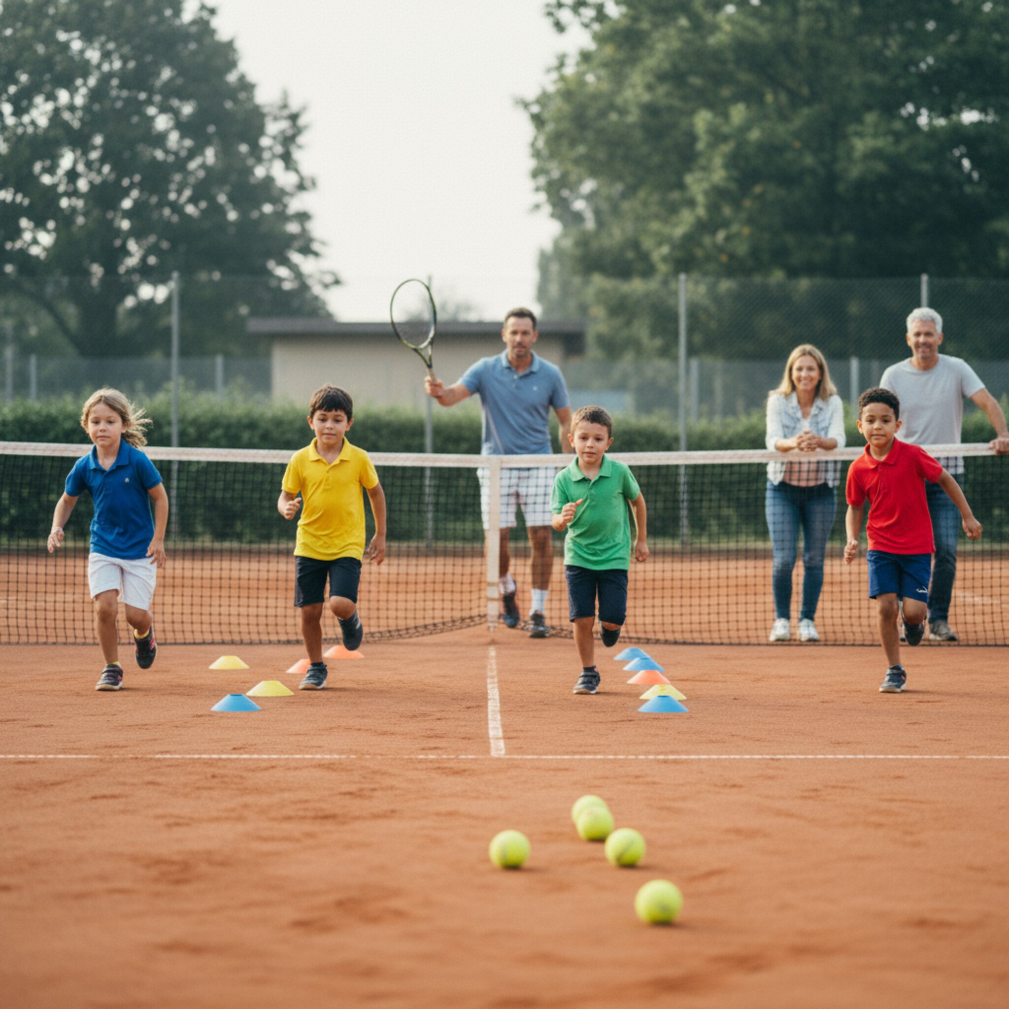 Kinder sprinten zwischen bunten Hütchen, während ein Trainer an der T-Linie Vorhandbewegungen zeigt. Ein paar Bälle springen rhythmisch am Rand, zwei Eltern beobachten vom Zaun aus. Die Stimmung ist konzentriert und motivierend zugleich.
