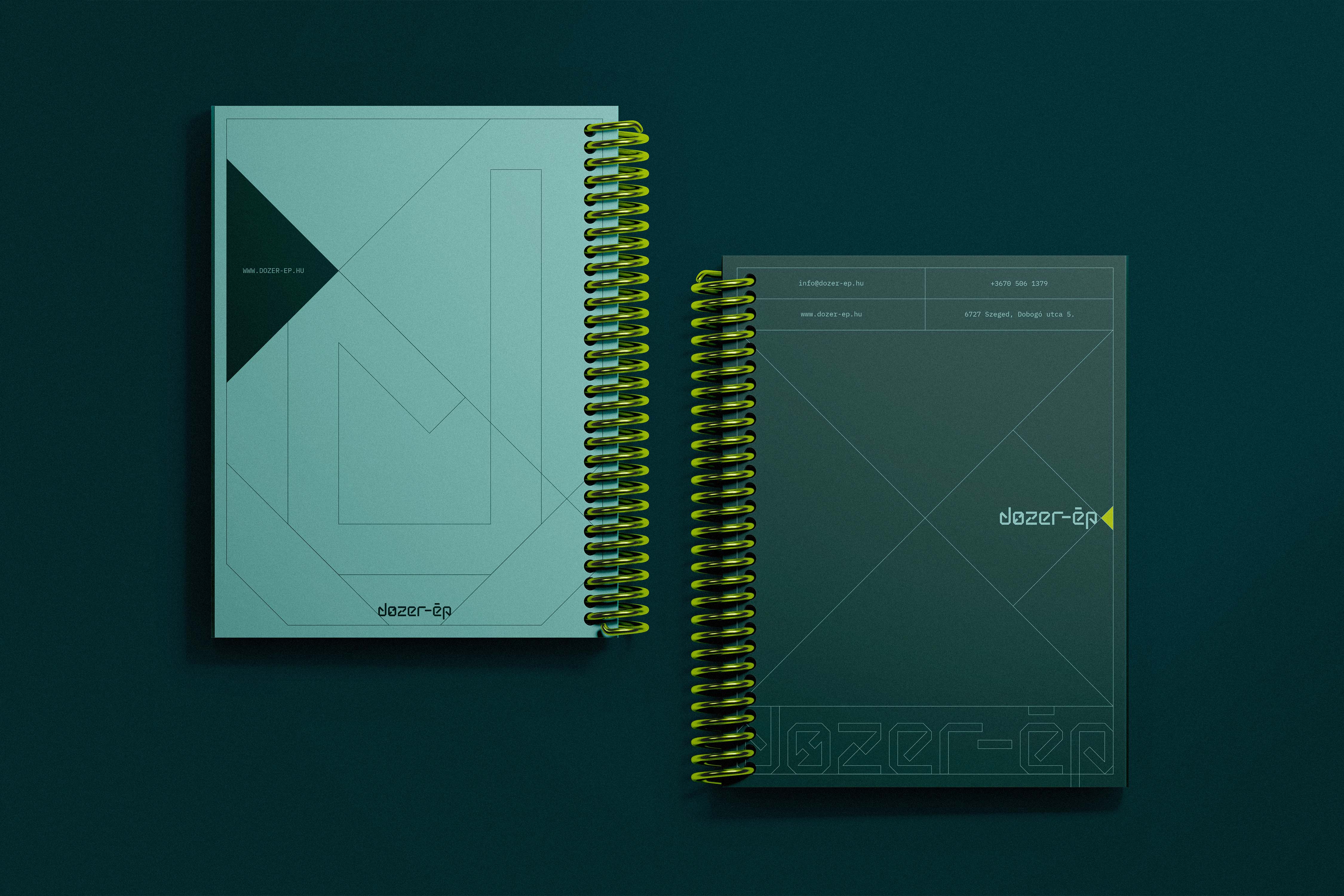 Branded spiral notebooks with monogram grid cover, contact details, and yellow coil binding on a green backgrounds - Dozer-Ép, a civil engineering brand identity.
