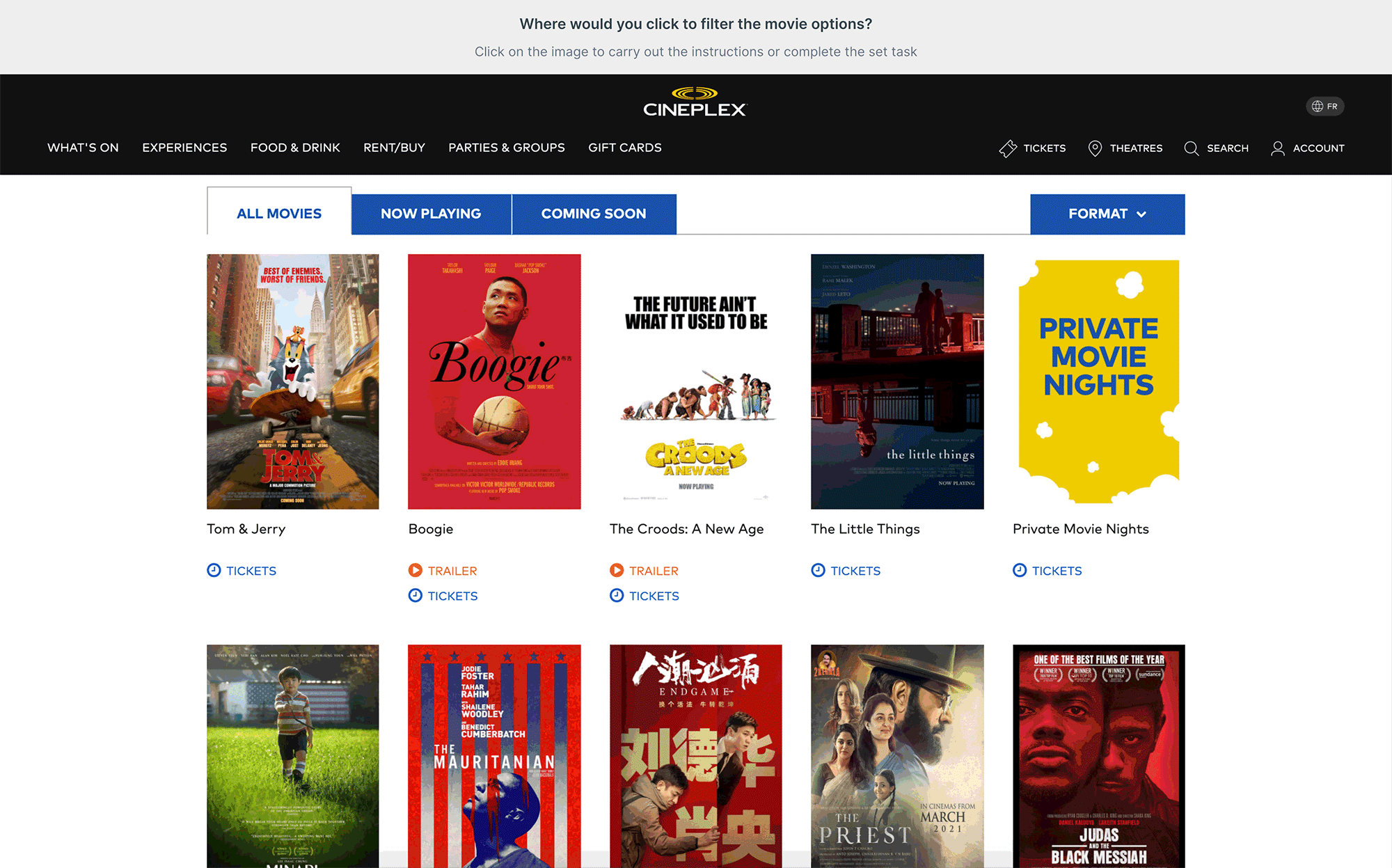 Screen recording showing Cineplex's "Format" dropdown containing only viewing format options instead of expected genre and location filters