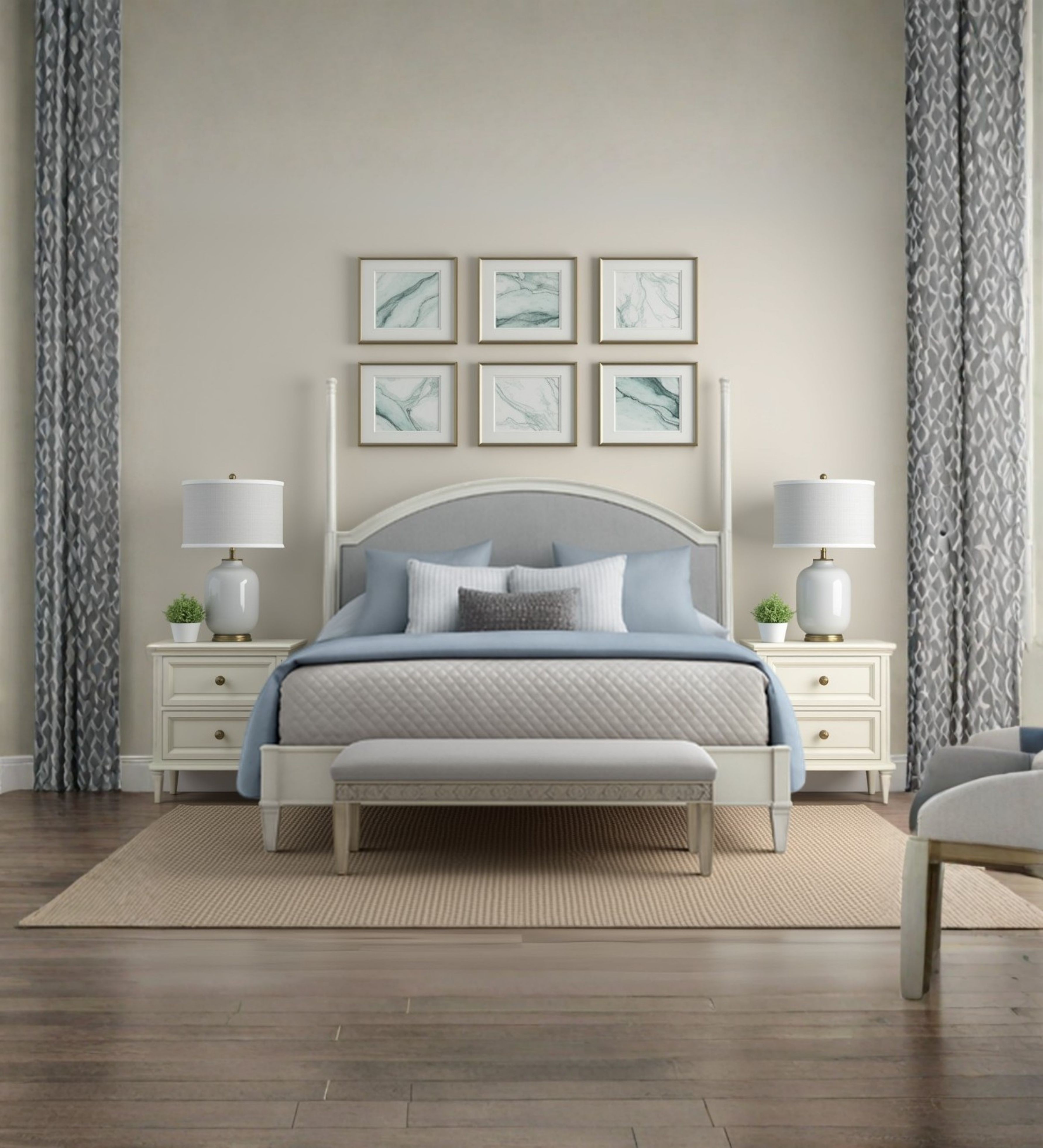 Panelled upholstered bed with curved headboard and compact proportions