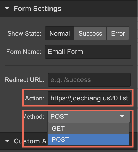 Configure the mailing form in Webflow