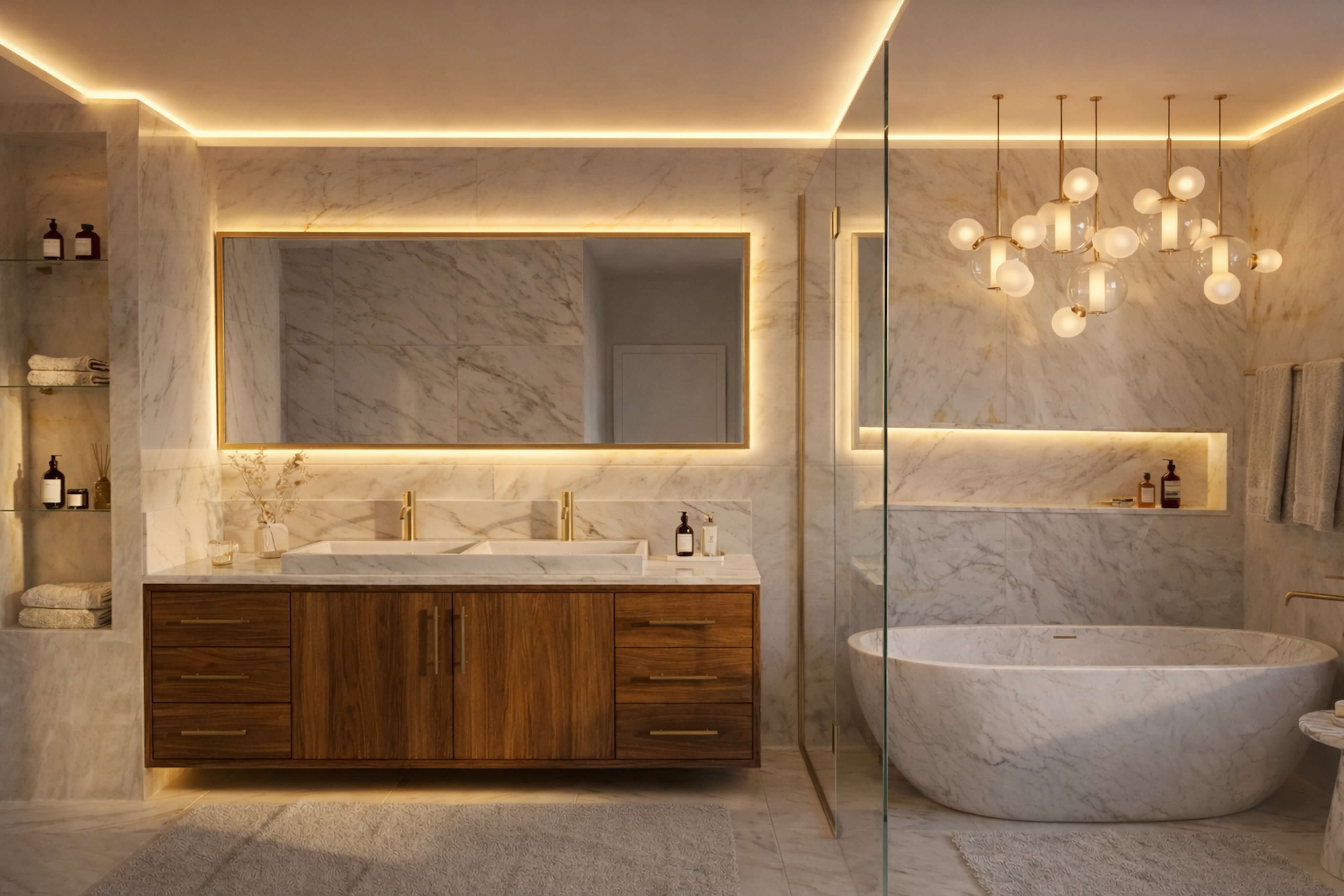 Spacious luxury kitchen with vaulted wood-beam ceiling, sleek gray cabinetry, black marble countertops, large island with six modern bar stools, built-in wine cellar, and under-stair storage.