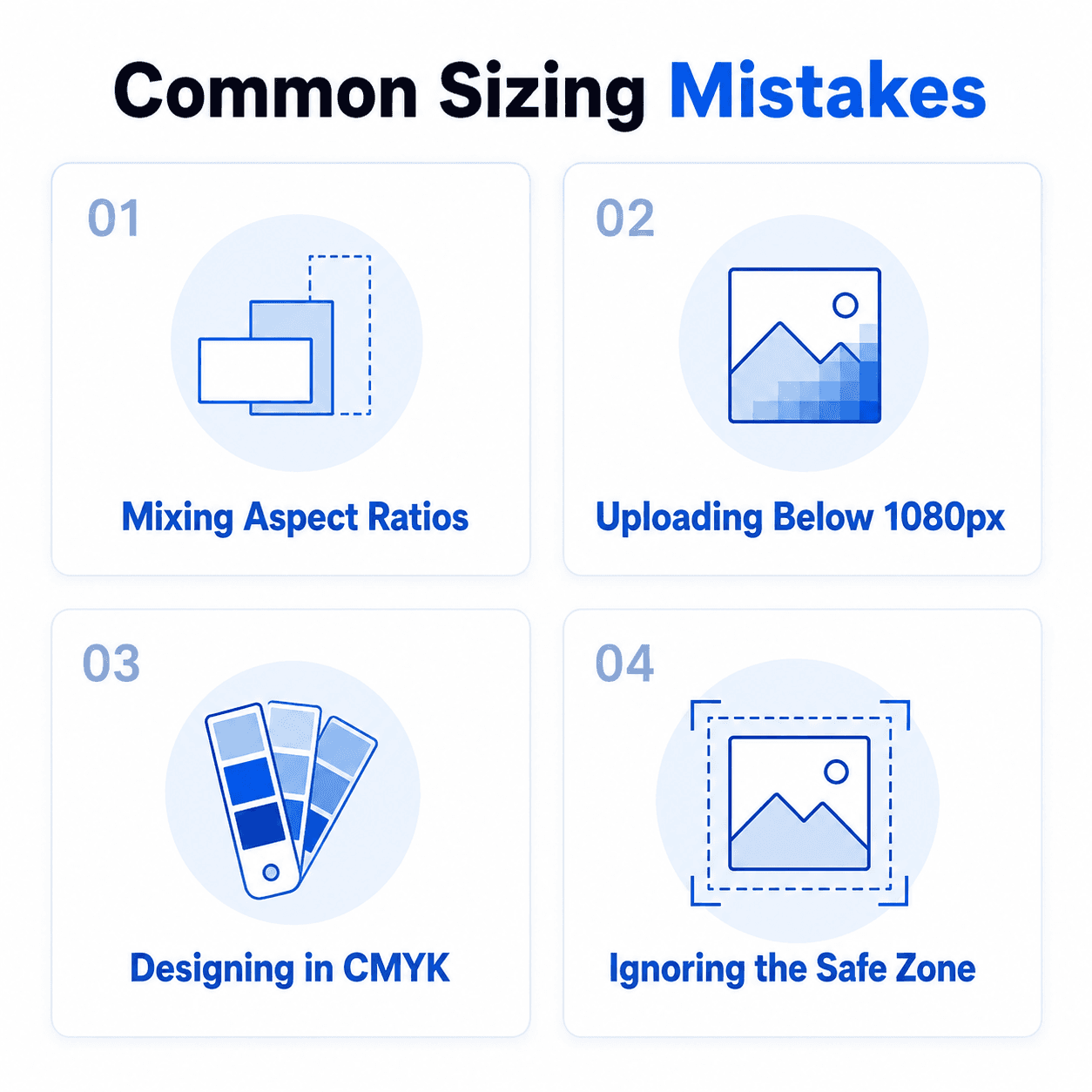 Numbered grid of four common Instagram carousel sizing mistakes to avoid.