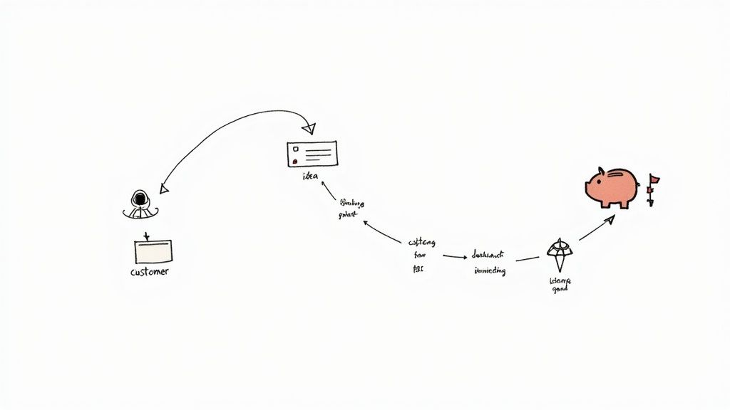 Go to market strategy flowchart showing journey from idea through customer acquisition to profitability