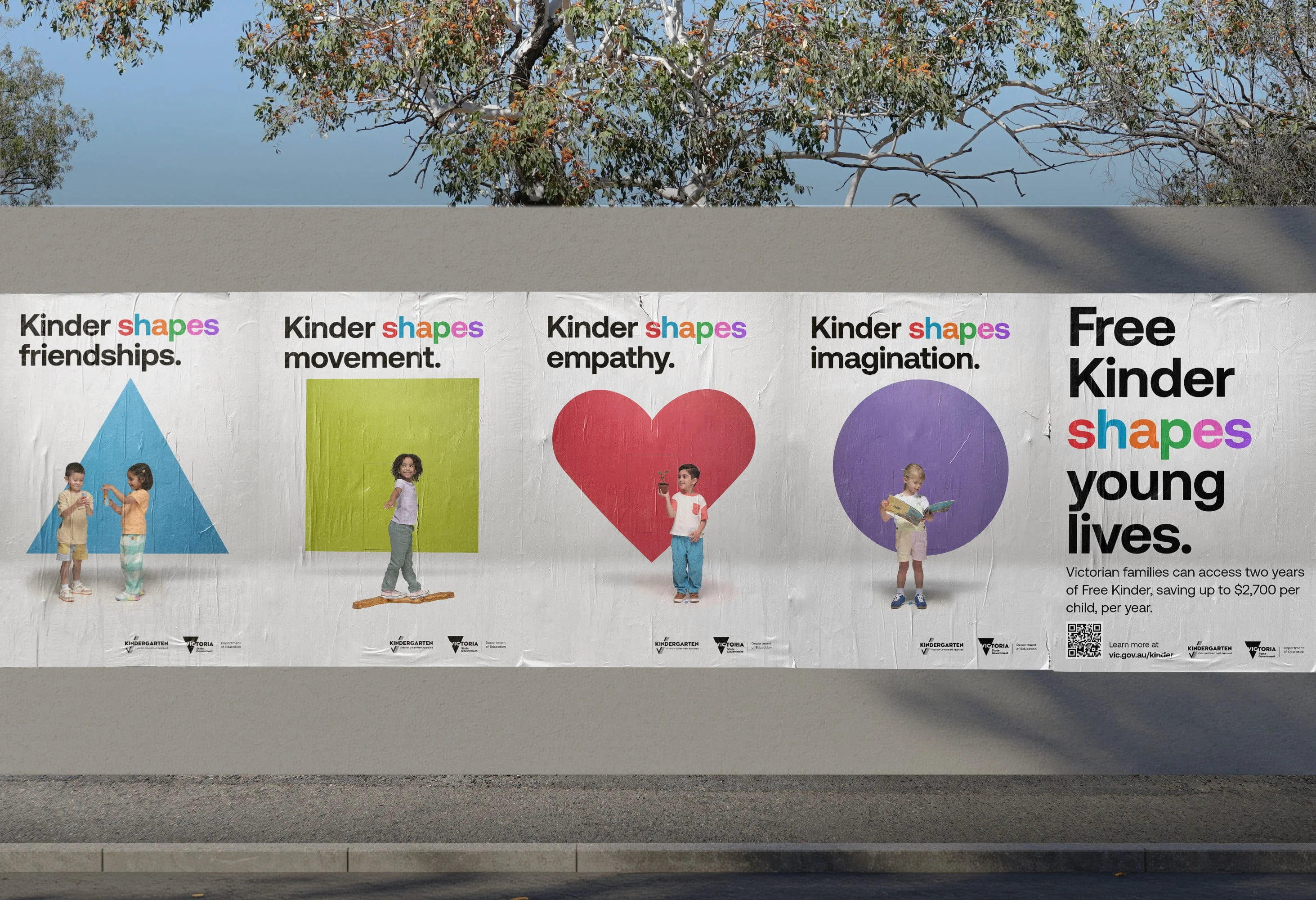 Free Kinder poster row: 'Kinder shapes friendships, movement, empathy, imagination' and 'Free Kinder shapes young lives.'
