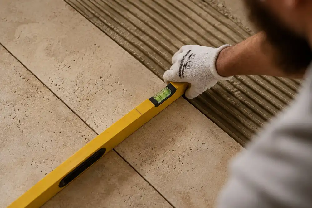 Artisan posant un carrelage travertin beige avec un niveau à bulle, contrôle de la planéité lors d'un chantier de rénovation intérieure