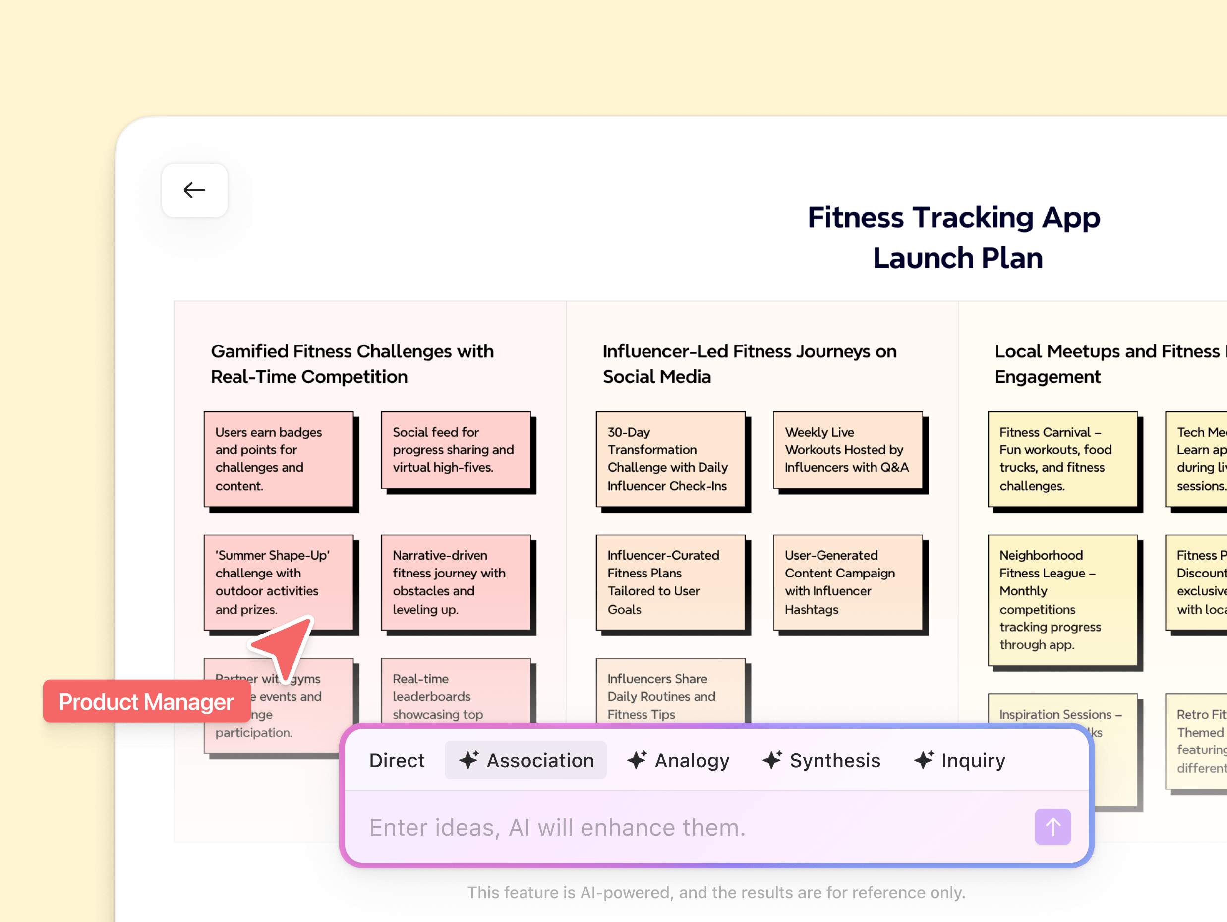 Xmind-Board mit dem Launchplan für eine Fitness-Tracking-App mit strukturierten Ideen, Haftnotizen und KI-gestütztem Brainstorming über mehrere Planungsbereiche hinweg