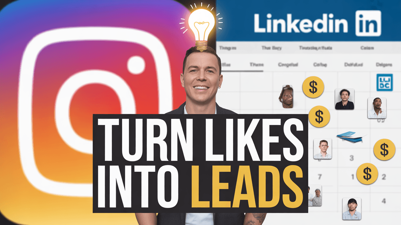 Digital creator between Instagram and LinkedIn with Turn Likes Into Leads headline