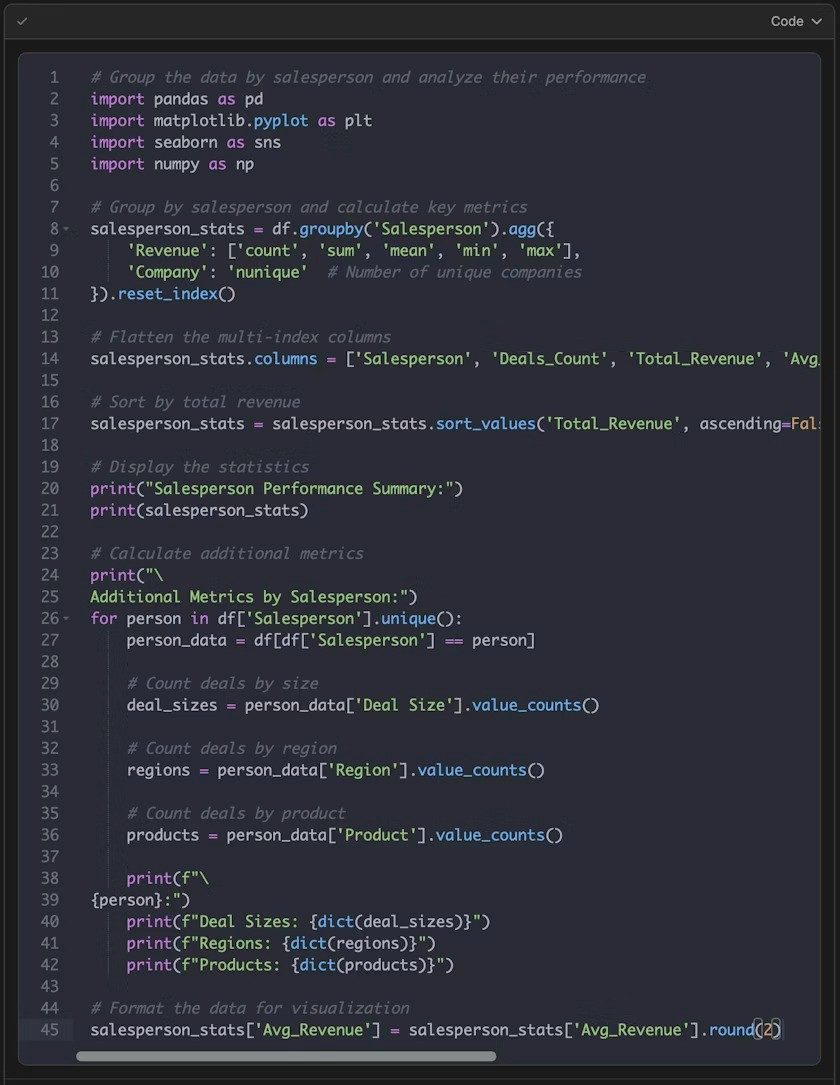 Python data analysis in Julius AI using pandas to calculate revenue and salesperson performance metrics
