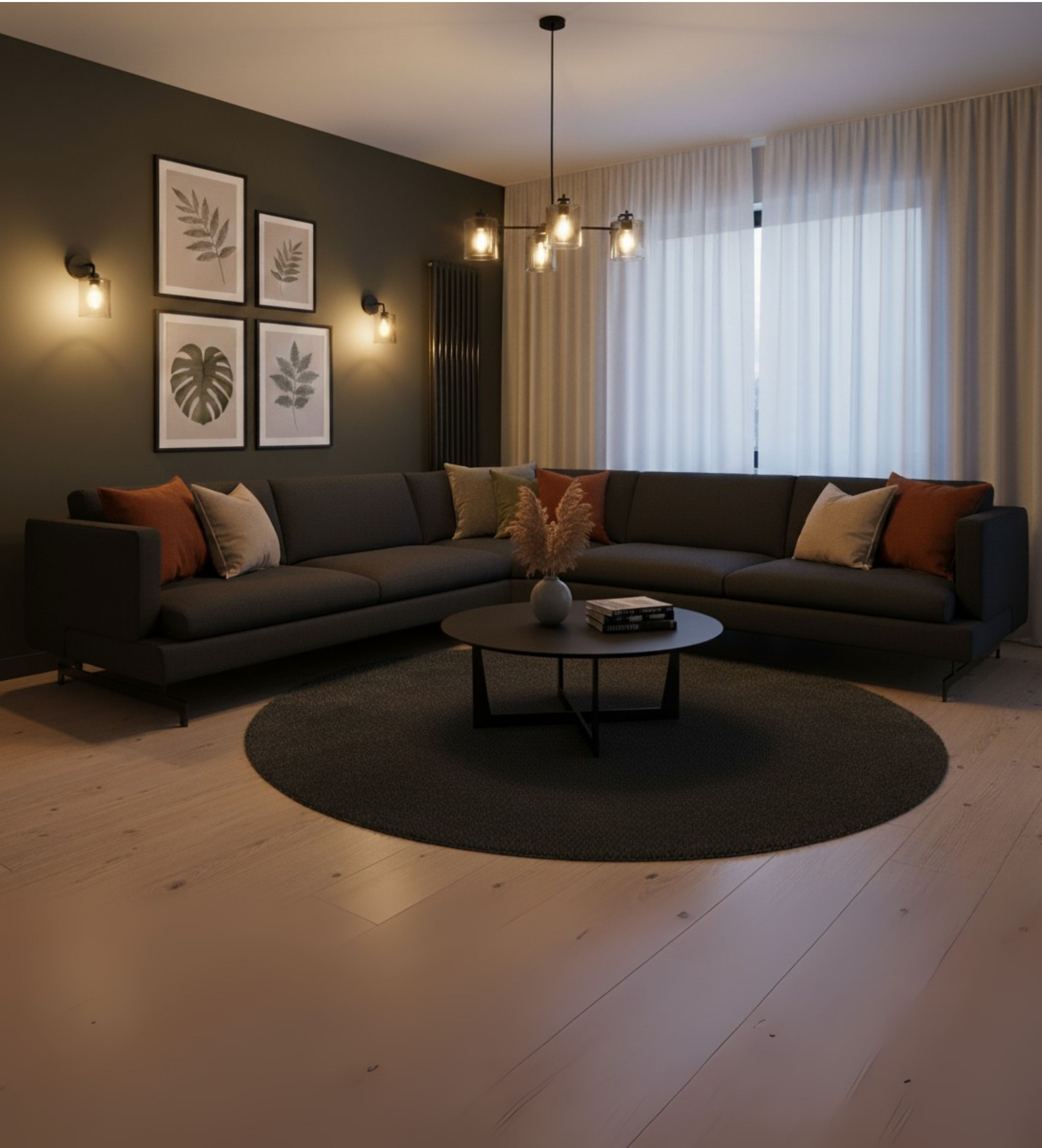 A dark‑toned sectional sofa styled in a modern lounge interior