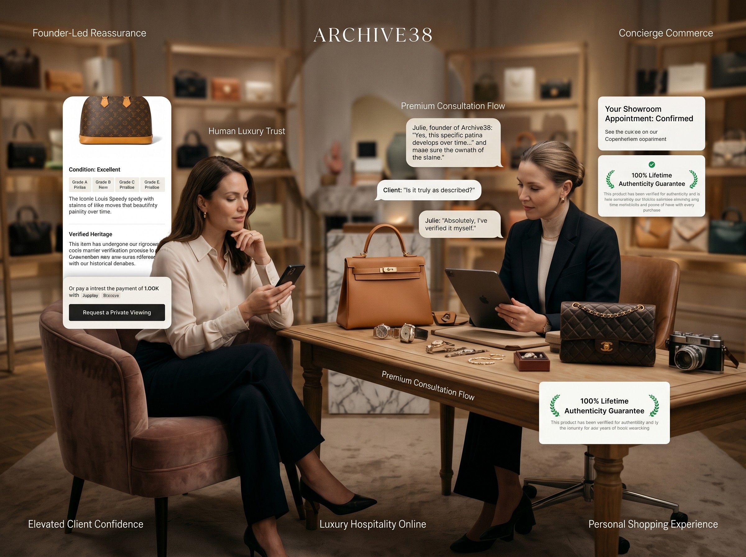 Luxury Fashion Resale Website UI mit cinematic Produktpräsentation und hochwertigem editorialem Spacing