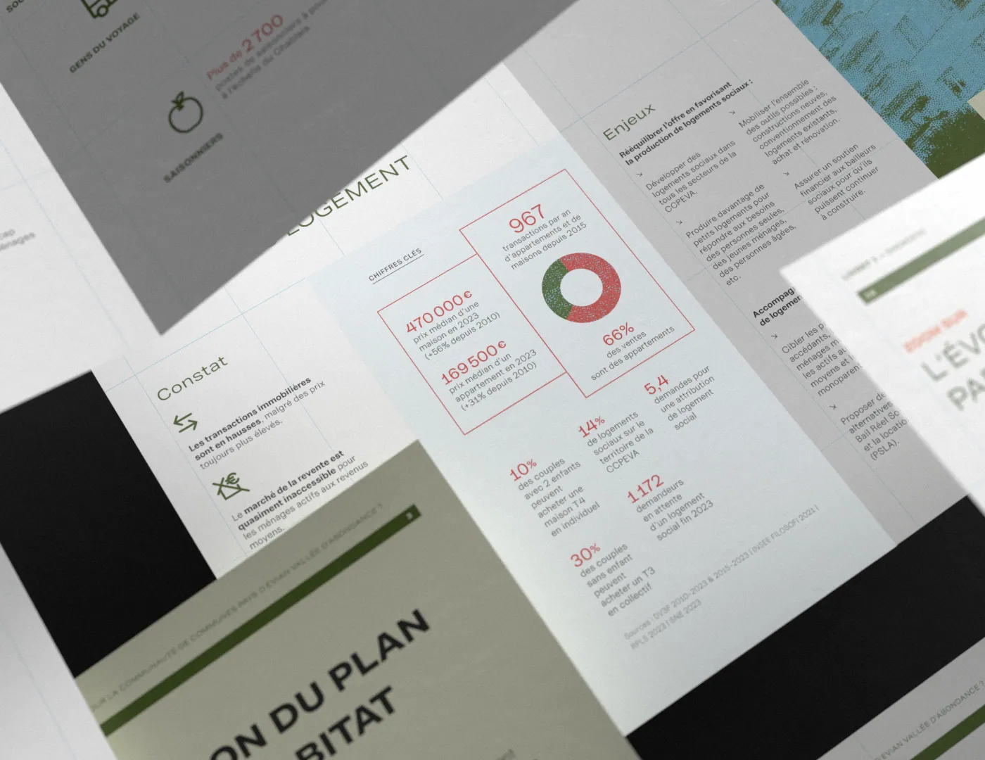 Maquette de brochure institutionnelle présentant le calendrier d'un diagnostic territorial, palette de couleurs vert nature et bleu ciel. Un document créé pour Le territoire d’Évian Vallée d’Abondance.