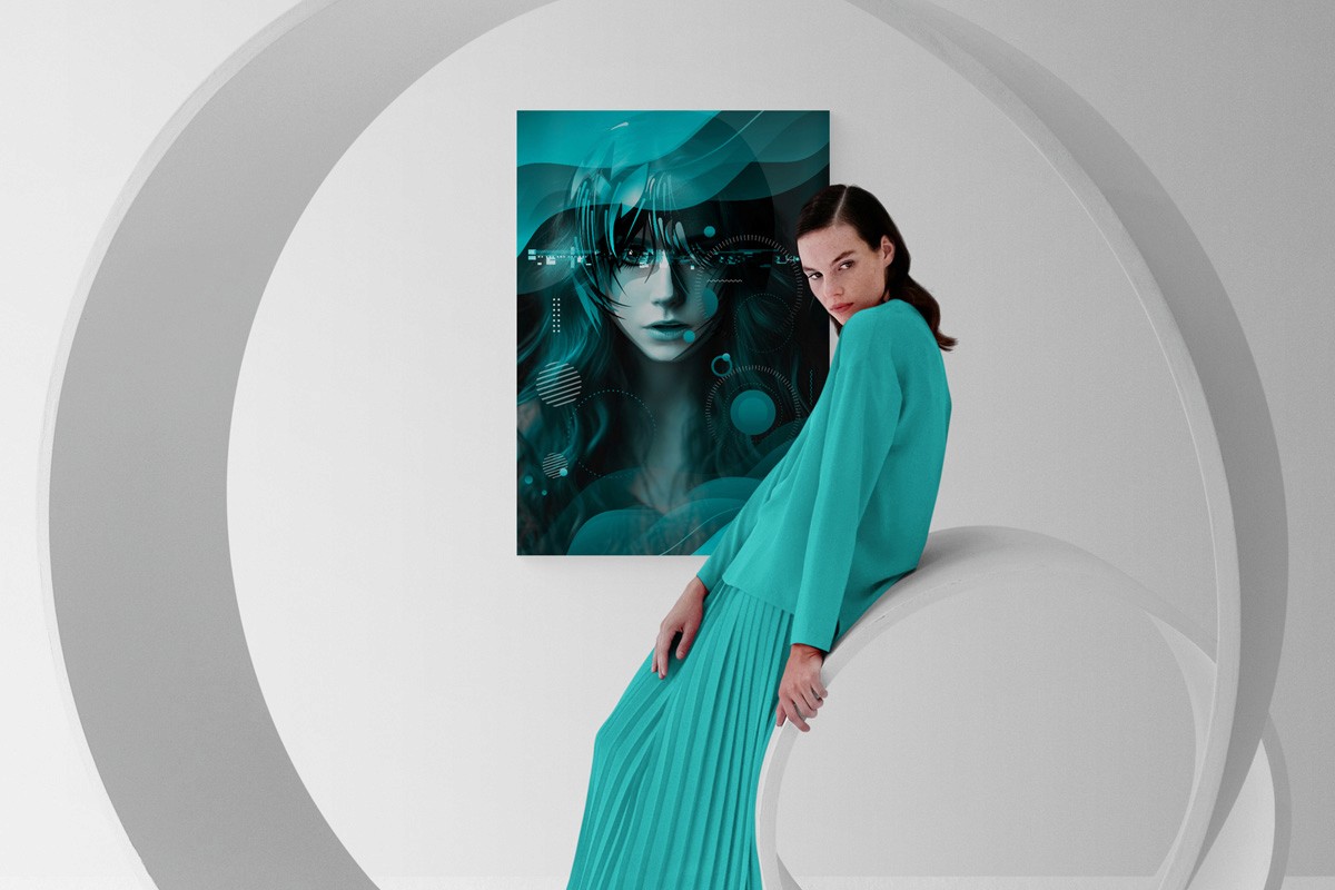 A woman sat in front of the Teal Stare poster