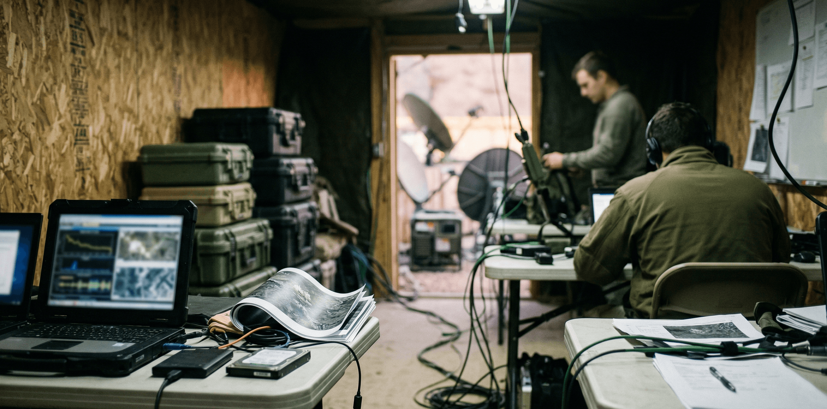 temporary exploitation cell with analysts at work