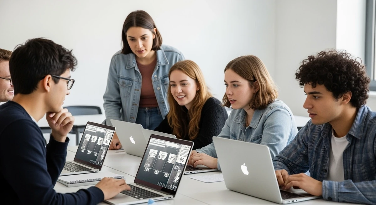 Studenten die the great library spelen op hun laptops