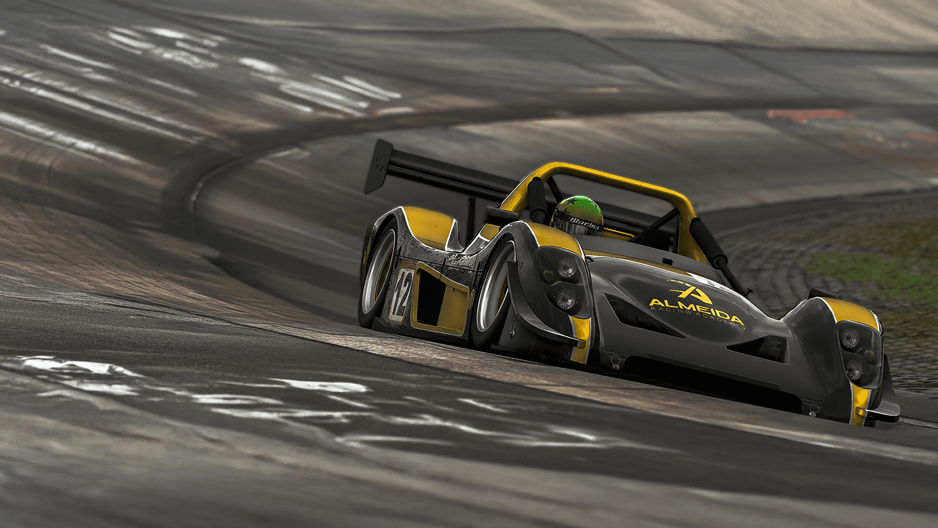 Sim racing car on track demonstrating challenge-based training
