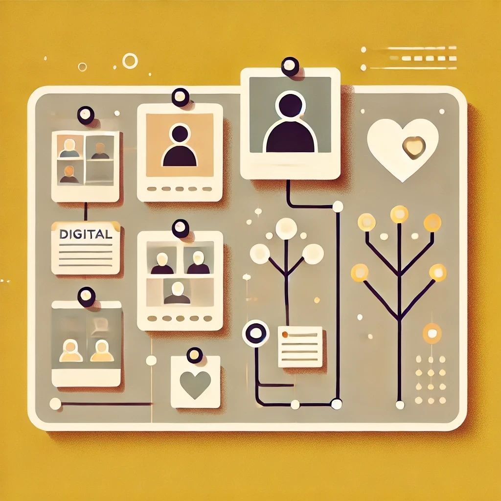 A minimalist digital illustration of a memory board with pinned photos and notes symbolizing legacy-building and introspection. Set against a yellow background to align with Confinity's branding, the design conveys growth, mental resilience, and meaningful connections.