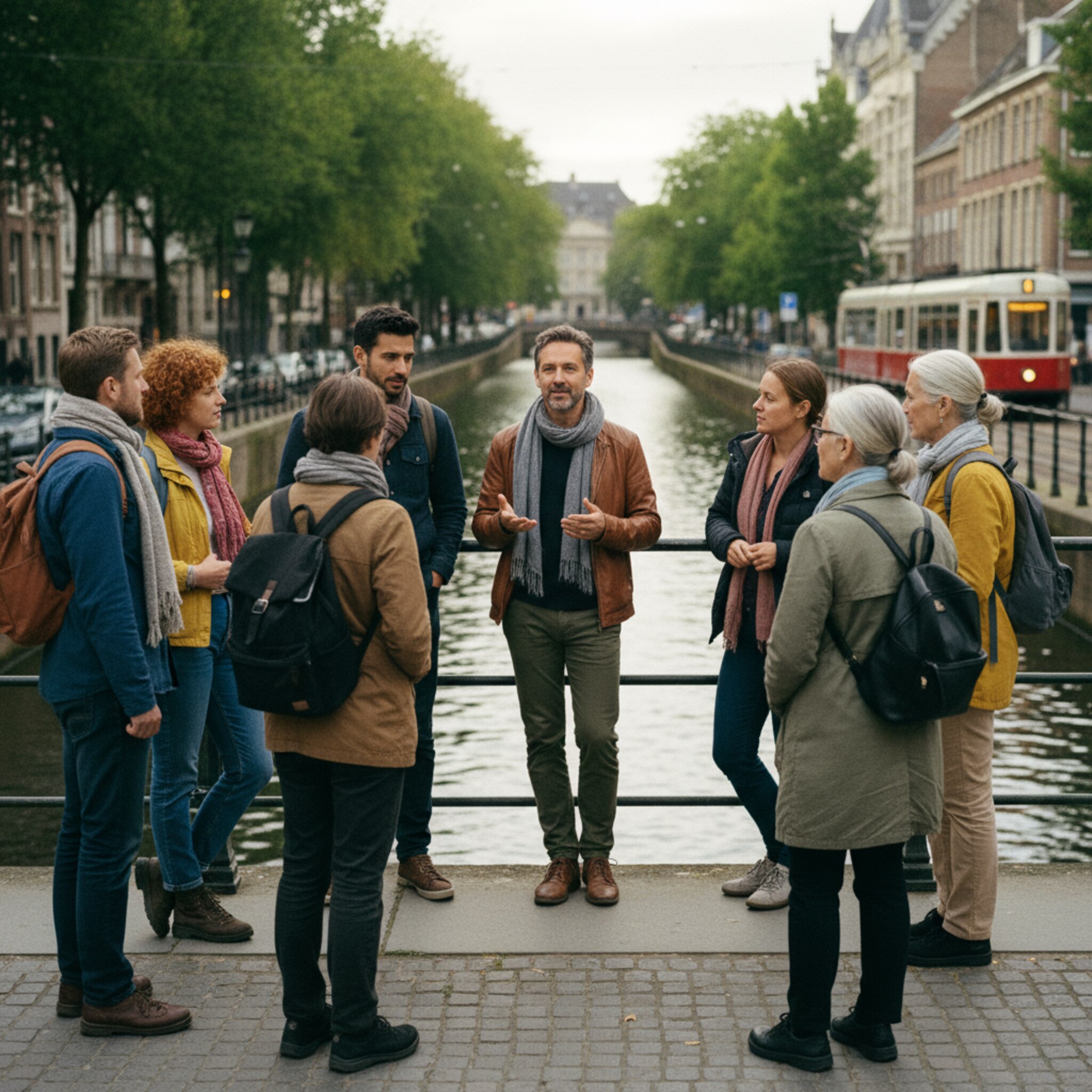 An einer Brücke überblickt ein Guide eine kleine Gruppe, hebt die Hand zum Start. Leises Wasserrauschen und das ferne Klingeln einer Straßenbahn prägen die Kulisse. Teilnehmende rücken näher zusammen, Rucksäcke werden zurechtgerückt. Die Stimmung ist fokussiert und freundlich.