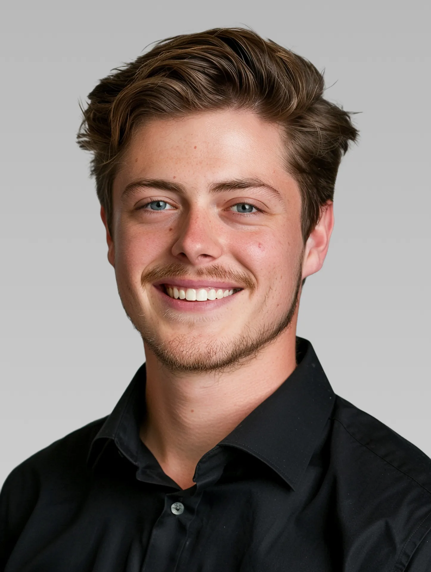 A professional portrait of a man in a black shirt, and smiling warmly against a white background.