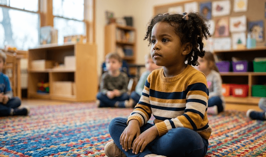 Toddler focused on a learning activity during structured routine time at daycare
