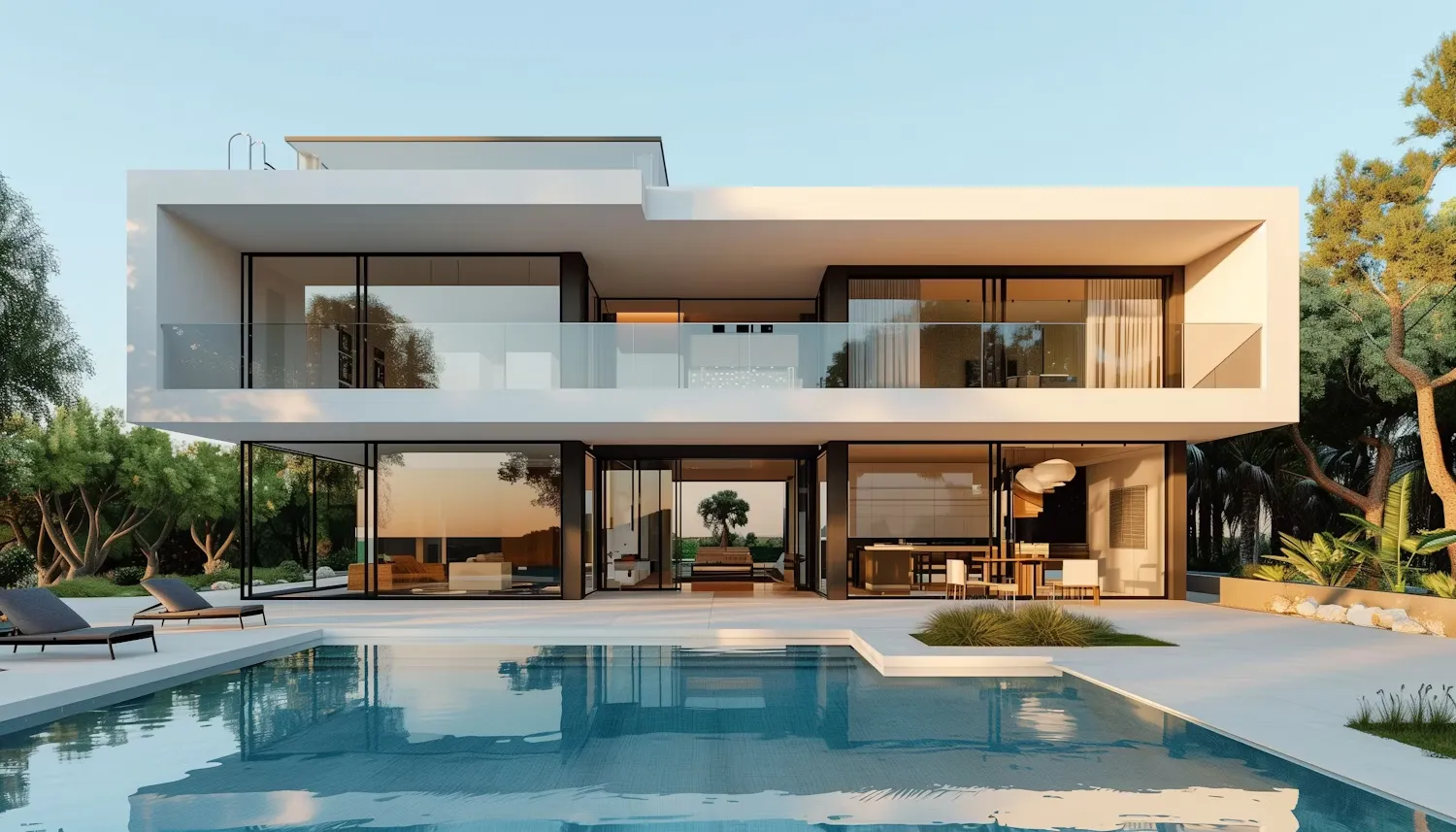 Modern luxury house with pool and glass balconies.