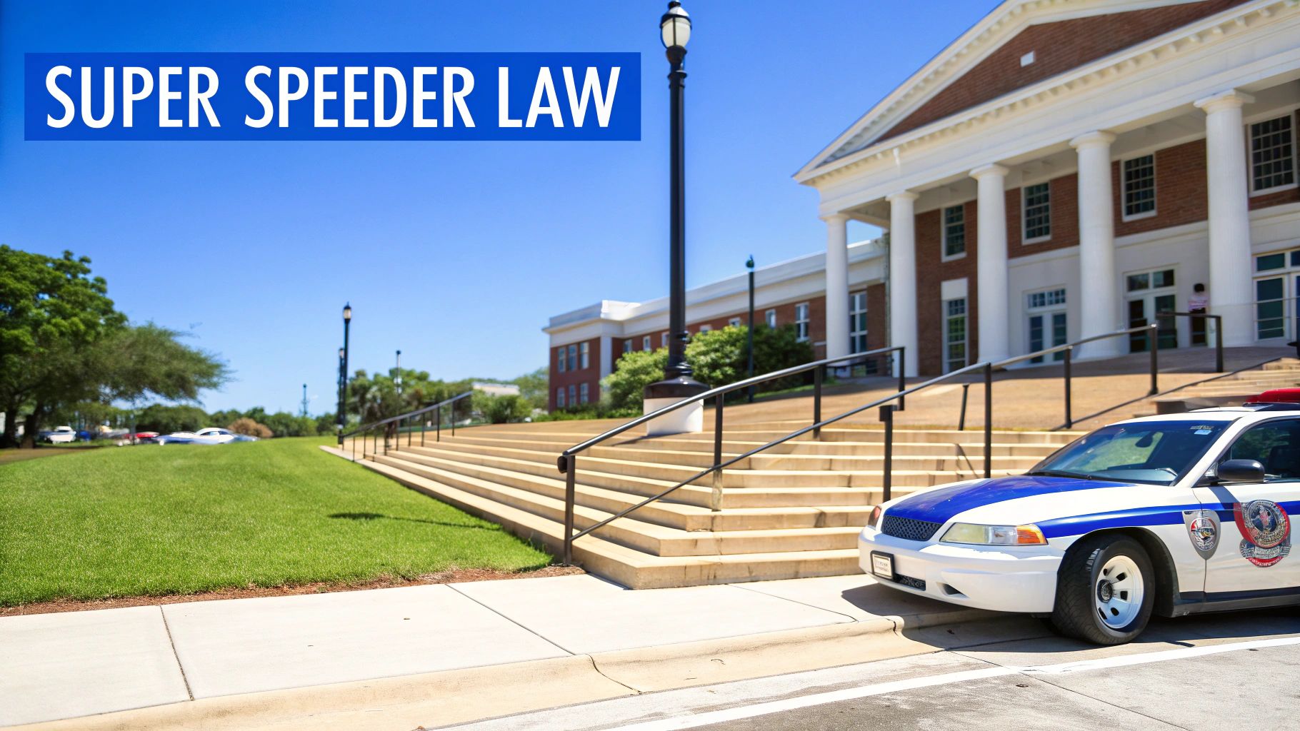 A police car parked in front of a grand courthouse-like building with steps, under a 'Super Speeder Law' banner.